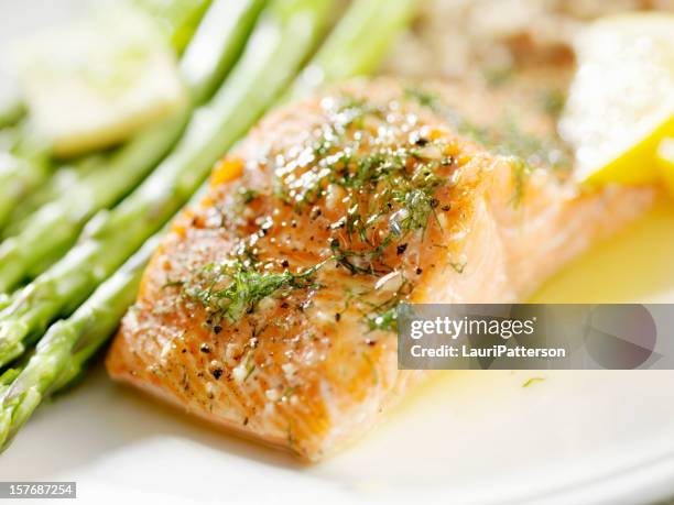 grilled salmon with fresh dill - garlic sauce stock pictures, royalty-free photos & images