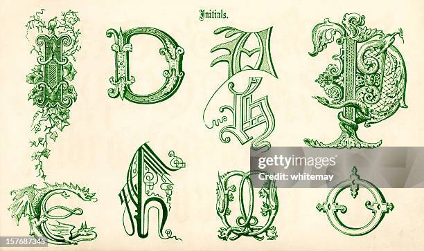 ornamental letters in green sketches - letter i stock illustrations