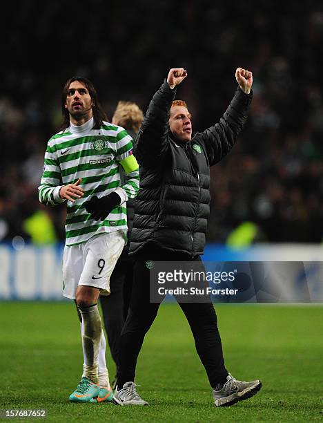 Celtic manager Neil Lennon celebrates on the final whistle during the UEFA Champions League Group G match between Celtic FC and FC Spartak Moscow at...