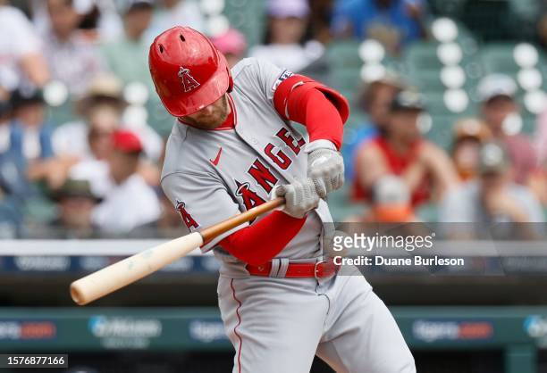 Taylor Ward of the Los Angeles Angels takes a swing at a pitch during the first inning of game one of a doubleheader against the Detroit Tigers at...