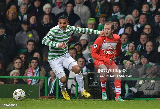 Emilio Izaguirre of Celtic tackles Aiden McGeady of FC Spartak Moscow during the UEFA Champions League Group G match between Celtic and FC Spartak...