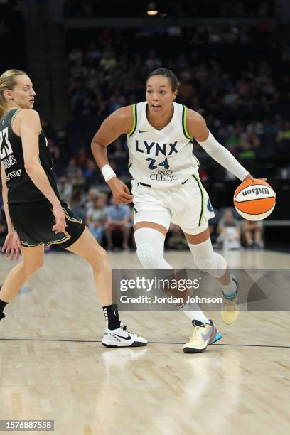 Napheesa Collier of the Minnesota Lynx dribbles the ball during the game against the New York Liberty on August 4, 2023 at Target Center in...