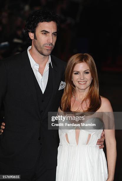 Sacha Baron Cohen and Isla Fisher attend the World Premiere of 'Les Miserables' at Odeon Leicester Square on December 5, 2012 in London, England.