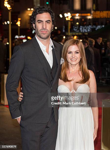 Isla Fisher and Sacha Baron Cohen attend the world premiere of "Les Miserables" at Odeon Leicester Square on December 5, 2012 in London, England.