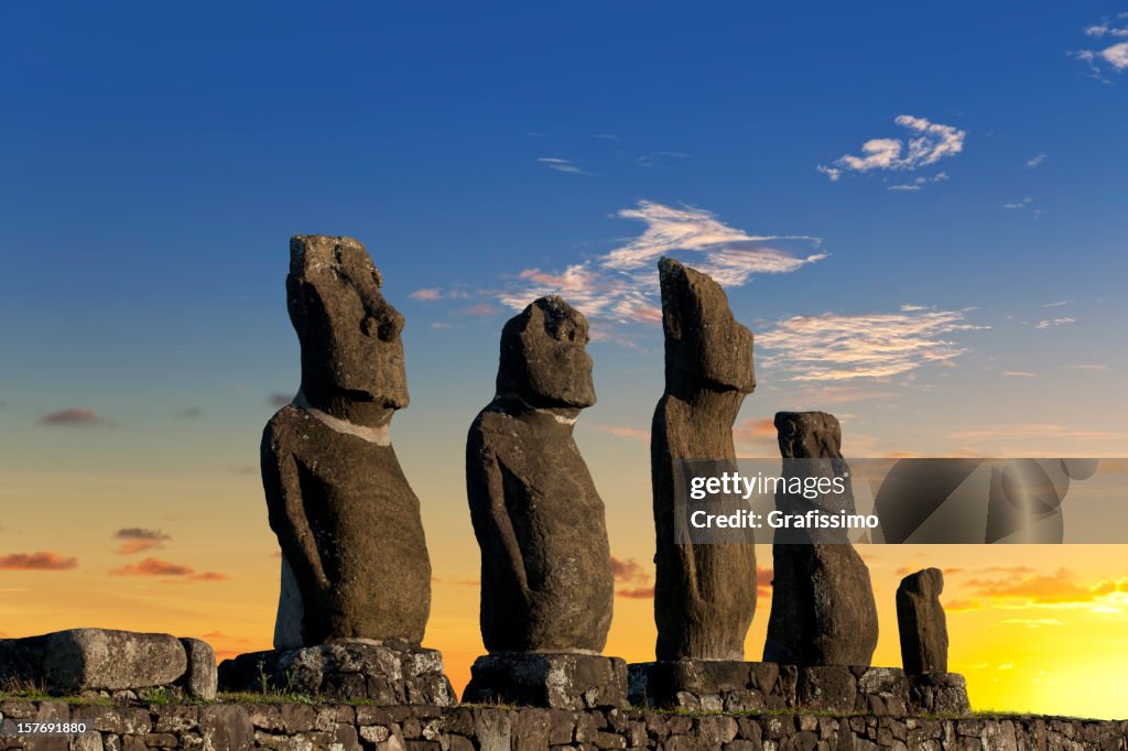 Easter Island Chile dawn over Moais at Ahu Tahai