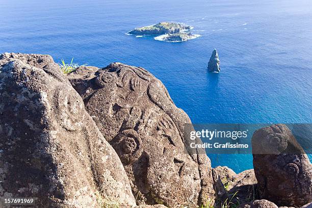 petroglyph of birdman on easter island chile - motu iti stock pictures, royalty-free photos & images