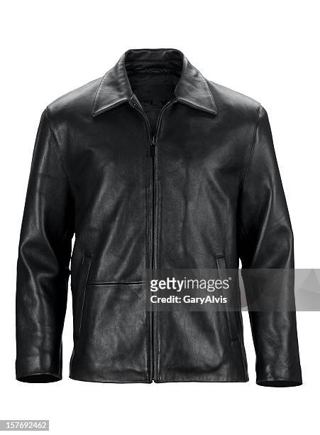 front of black leather jacket-isolated on white w/clipping path - jacket stock pictures, royalty-free photos & images