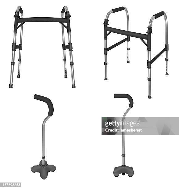 walker and quad cane (3d) - mobility walker stock pictures, royalty-free photos & images