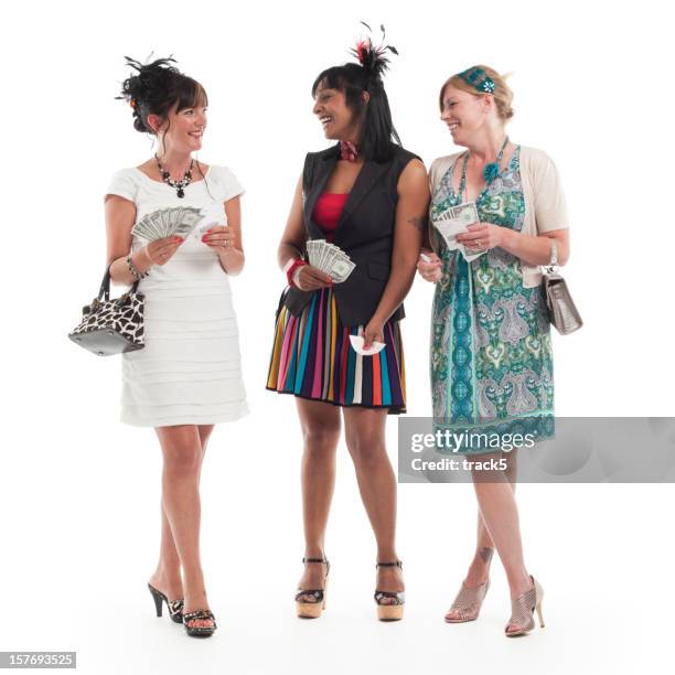 three women in dresses with cash in their hands - sunday best stock pictures, royalty-free photos & images