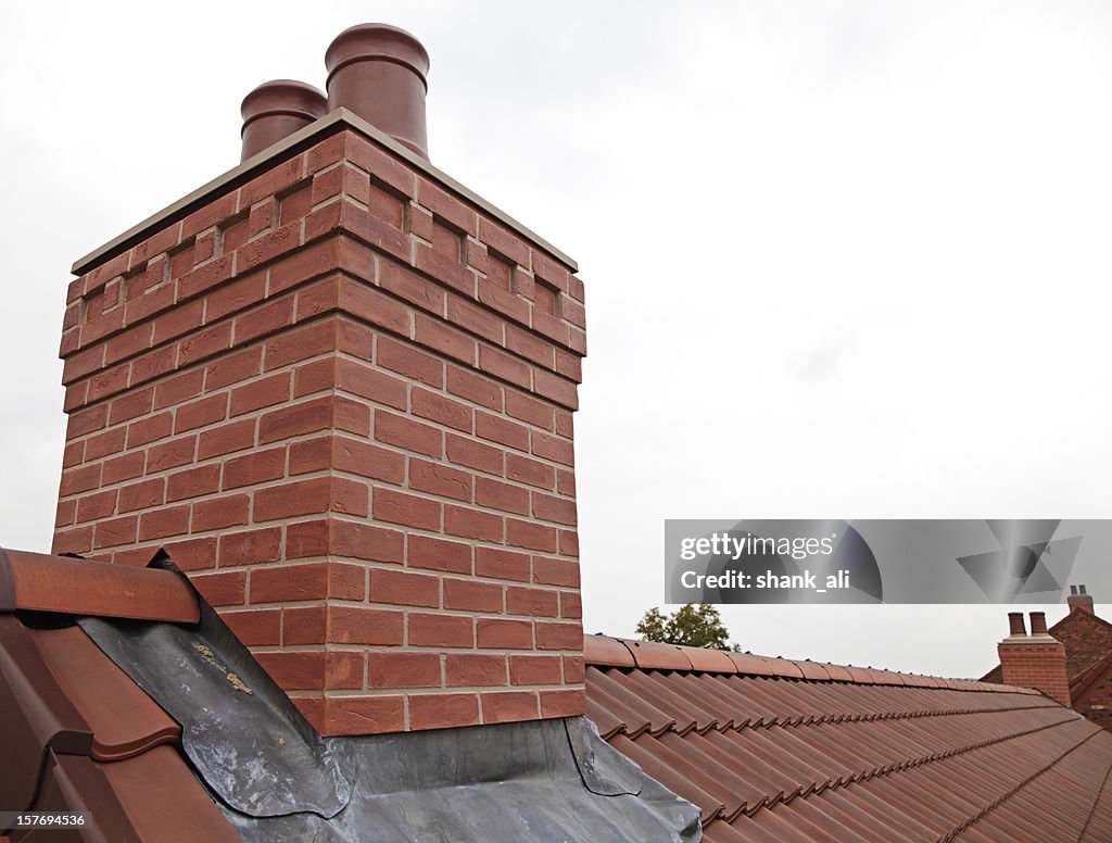 Brick chimney with two chutes sitting atop shingled roof