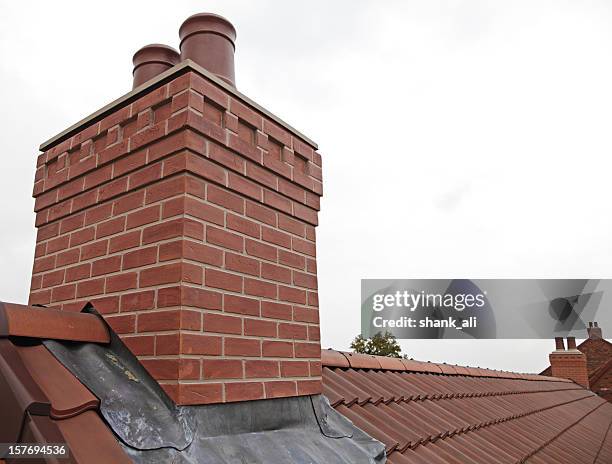 brick chimney with two chutes sitting atop shingled roof - smoke stack stock pictures, royalty-free photos & images