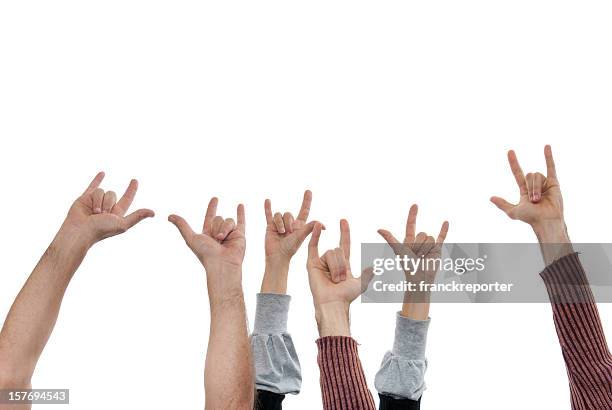 hands raised up - isolated on white background - handgebaar stockfoto's en -beelden