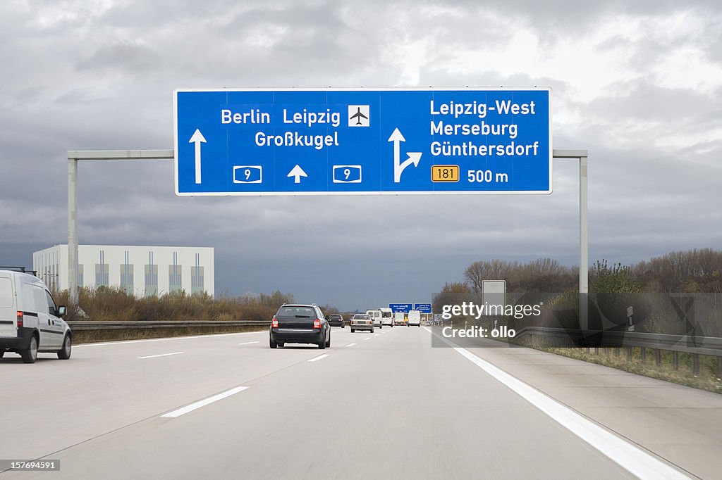 Road sign on german autobahn - next exit Leipzig-West