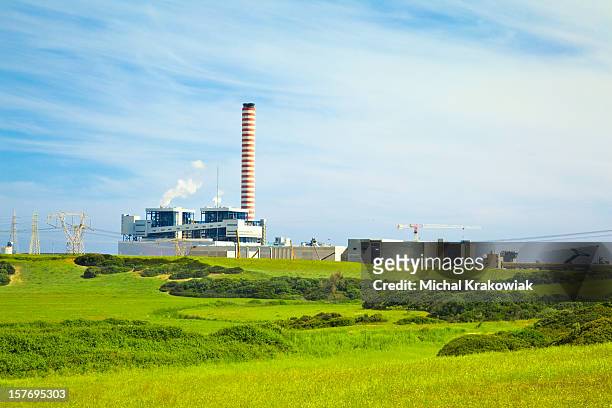 factory with tall chimney in a green landscape - factory exterior stock pictures, royalty-free photos & images