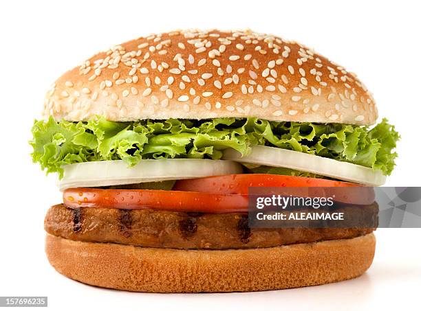 simple meat burger isolated on white - hamburguer stockfoto's en -beelden