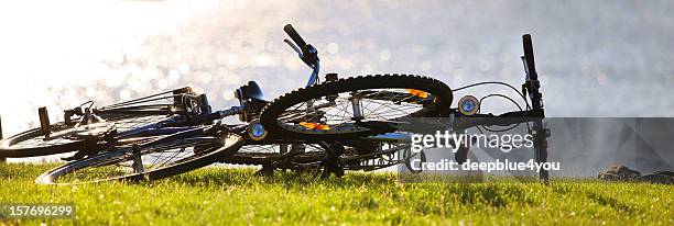 bicycles lying in the grass near a lake - erlebnis stock pictures, royalty-free photos & images