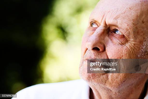 schöner alter mann sieht seitlich, stirn runzeln - keratosis stock-fotos und bilder