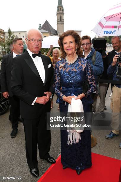 King Carl XVI Gustav of Sweden and Queen Silvia of Sweden attend the "Orfeo ed Euridice" premiere during the Salzburg Opera Festival 2023 at Grosses...