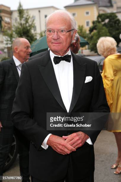 King Carl XVI Gustav of Sweden attends the "Orfeo ed Euridice" premiere during the Salzburg Opera Festival 2023 at Grosses Festspielhaus on August 4,...