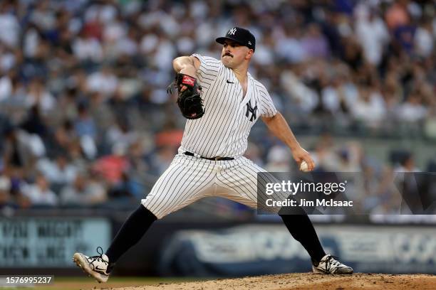 Carlos Rodon of the New York Yankees in action against the New York Mets at Yankee Stadium on July 26, 2023 in Bronx borough of New York City. The...