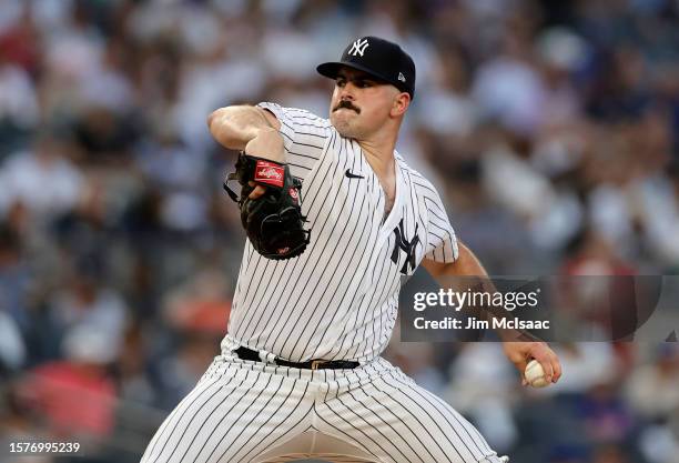 Carlos Rodon of the New York Yankees in action against the New York Mets at Yankee Stadium on July 26, 2023 in Bronx borough of New York City. The...