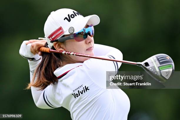 Chella Choi of South Korea tees off on the 13th hole during the Second Round of the Amundi Evian Championship at Evian Resort Golf Club on July 28,...