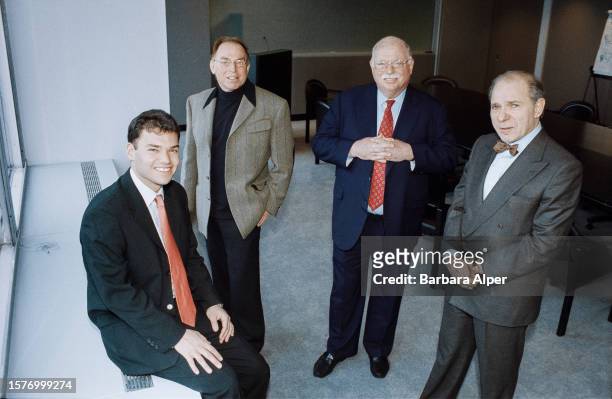 Elevated portrait of, from left, New Republic magazine editor Peter Beinart , publisher Martin Peretz, and co-owners businessmen Michael Steinhardt &...