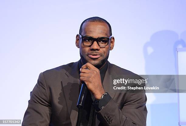 Sportsman of the Year LeBron James speaks onstage at the 2012 Sports Illustrated Sportsman of the Year award presentation at Espace on December 5,...