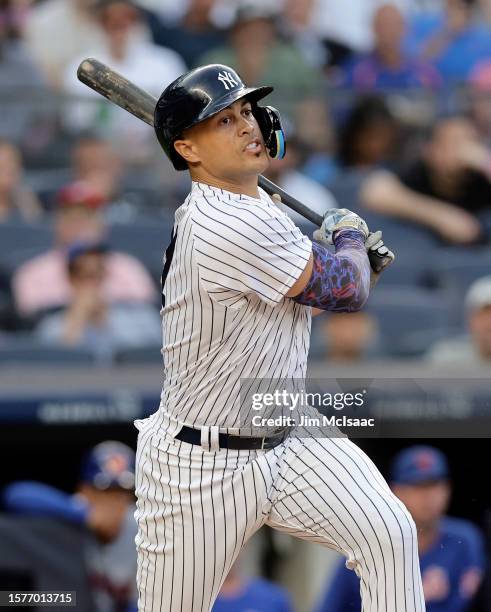 Giancarlo Stanton of the New York Yankees in action against the New York Mets at Yankee Stadium on July 26, 2023 in Bronx borough of New York City....