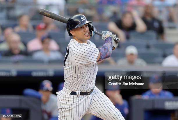 Giancarlo Stanton of the New York Yankees in action against the New York Mets at Yankee Stadium on July 26, 2023 in Bronx borough of New York City....