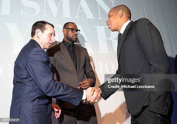 Mike Krzyzewski, Lebron James, and Jay-Z attend the 2012 Sports Illustrated Sportsman of the Year award presentation at Espace on December 5, 2012 in...