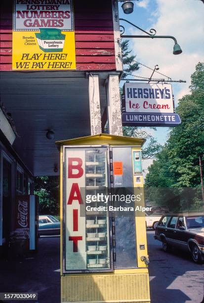 View of a bait vending machine at an unspecified roadside stop, Pennsylvania, July 5, 1984.
