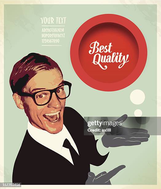 a poster of a salesman presenting a best quality button - commercial sign stock illustrations stock illustrations