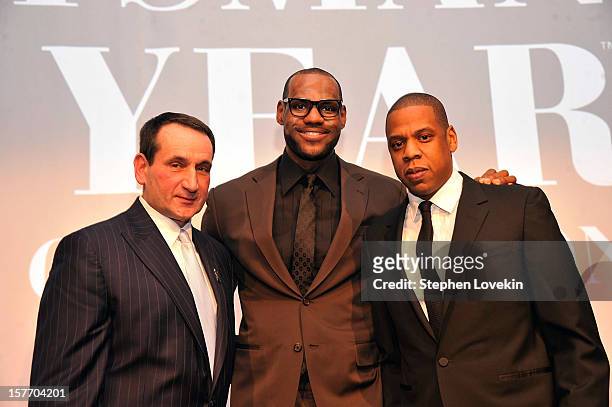 Mike Krzyzewski, Lebron James, and Jay-Z attend the 2012 Sports Illustrated Sportsman of the Year award presentation at Espace on December 5, 2012 in...