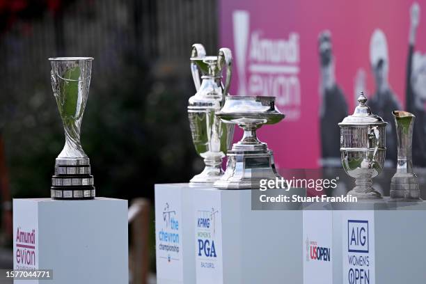 General view of the five Women's Major Golf Trophies, featuring the Amundi evian Championship trophy, the chevron Championship trophy, the KPMG...