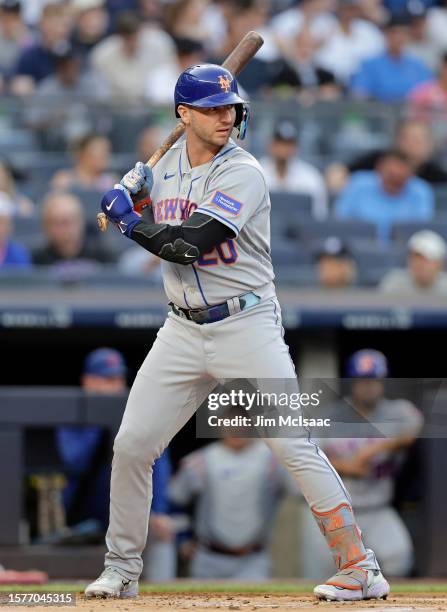 Pete Alonso of the New York Mets in action against the New York Yankees at Yankee Stadium on July 26, 2023 in Bronx borough of New York City. The...