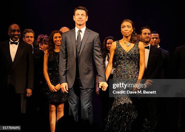 Lloyd Owen and Heather Headley bow at the curtain call during the press night performance of 'The Bodyguard' at the Adelphi Theatre on December 5,...