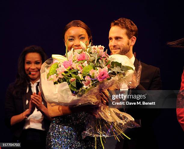 Heather Headley bows at the curtain call during the press night performance of 'The Bodyguard' at the Adelphi Theatre on December 5, 2012 in London,...