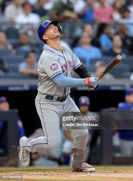 Pete Alonso of the New York Mets in action against the New York Yankees at Yankee Stadium on July 26, 2023 in Bronx borough of New York City. The...