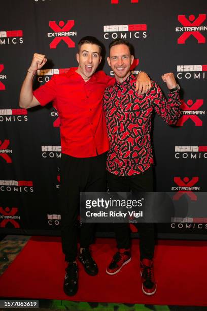 Ashley "Twist" Glazebrook and Glen "pulse" Murphy seen attending the multimedia launch party of Extraman at Aures London on July 28, 2023 in London,...