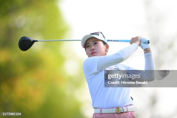 Kana Nagai of Japan hits her tee shot on the 10th hole during the third round of Rakuten Super Ladies at Tokyu Grand Oak Golf Club on July 29, 2023...