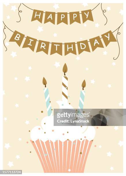 ilustrações, clipart, desenhos animados e ícones de cartão de felicitações de feliz aniversário. ilustração vetorial de cupcake com velas. estilo desenhado à mão. - vela de aniversário
