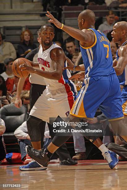 Rodney Stuckey of the Detroit Pistons dribbles the ball against the Golden State Warriors on December 5, 2012 at The Palace of Auburn Hills in Auburn...