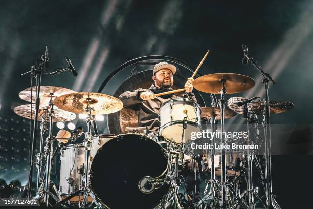 Ben Thatcher of Royal Blood performs at Y Not Festival 2023 at Pikehall on July 28, 2023 in Matlock, England.