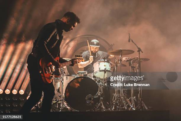 Mike Kerr and Ben Thatcher of Royal Blood perform at Y Not Festival 2023 at Pikehall on July 28, 2023 in Matlock, England.