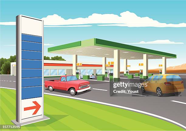 tanken station mit gas preis zeichen - tankstelle stock-grafiken, -clipart, -cartoons und -symbole