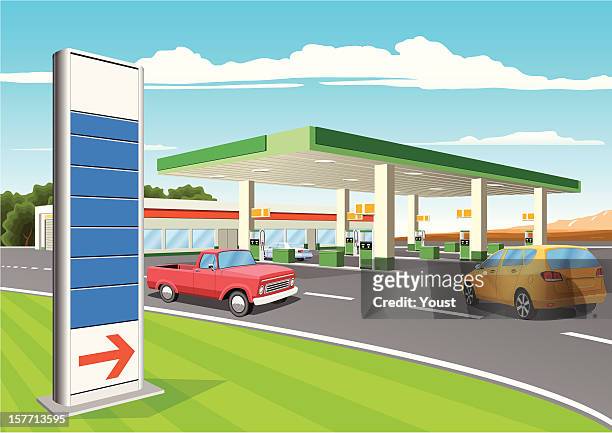 refueling station with gas prices sign - petrol station 幅插畫檔、美工圖案、卡通及圖標