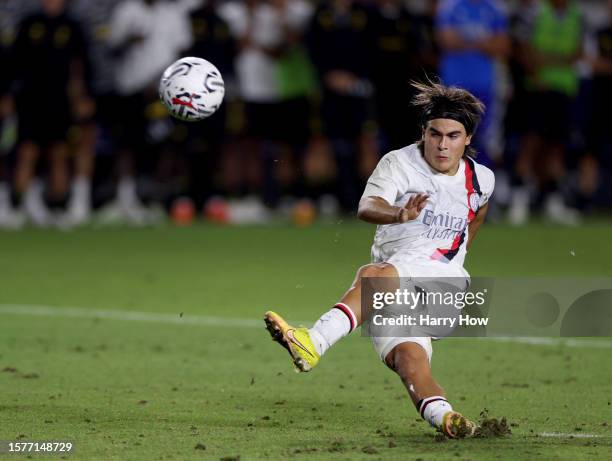 Luka Romero of AC Milan falls as he attempts a penalty kick during the Pre-Season Friendly match between Juventus and AC Milan at Dignity Health...