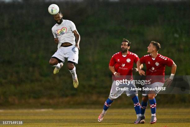 Andre Morrison of Newtown Pride FC heads the ball against RWB Adria in the second half during the USASA National Amateur Cup semifinals at TBK Bank...