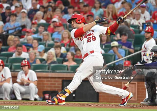 St. Louis Cardinals third baseman Nolan Arenado hits a solo home run in the second inning during a MLB game between the Colorado Rockies and the St....